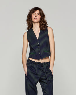 Wool Pinstripe Waistcoat - Navy/Green