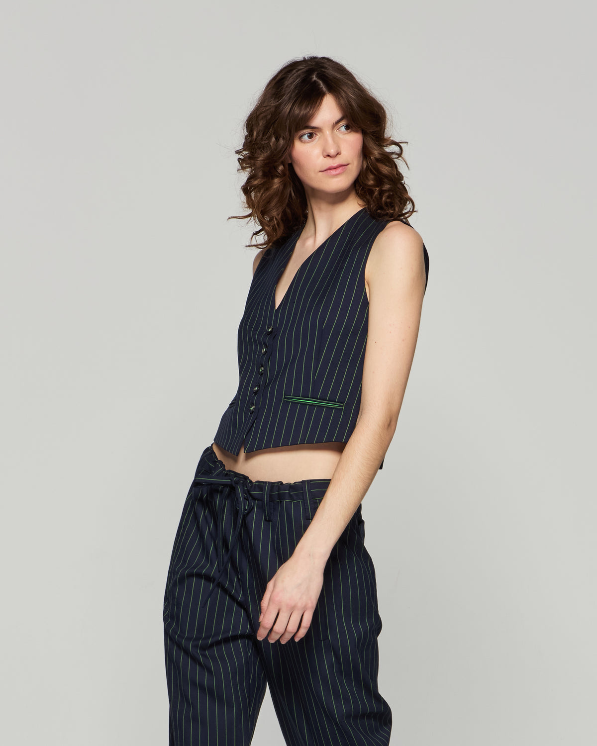 Wool Pinstripe Waistcoat - Navy/Green