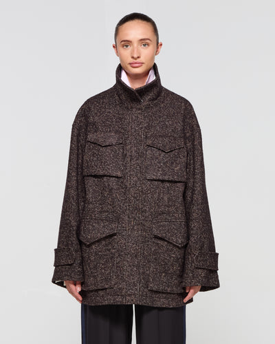 Tweed Funnel Neck Coat - Chocolate Brown SERENA BUTE